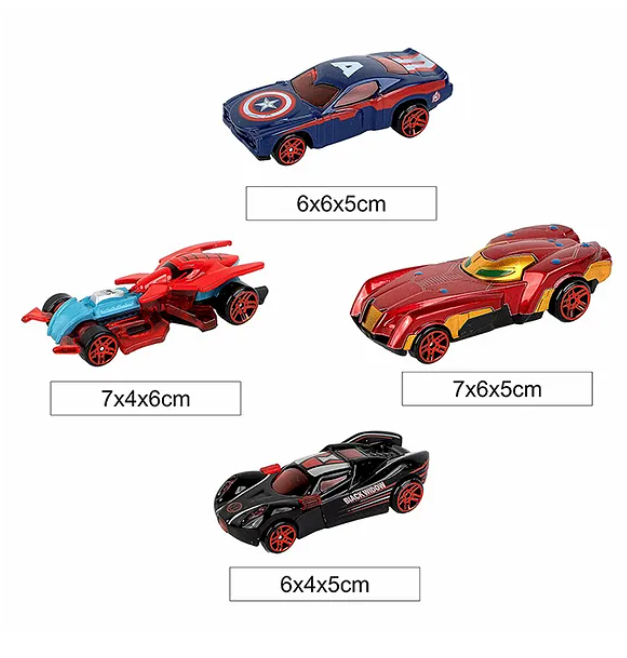 Super Hero Theme Mini Metal Die-Cast Car Set For Kids And Toddlers Free Wheel Speed Racing Car 4 Pieces Multicolor