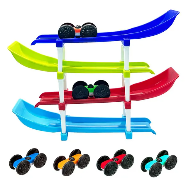 Ramp Racing Car Toy For Kids Four-Level Track Racing Car Toy With 4 Cars And 4 Ramps Multicolor