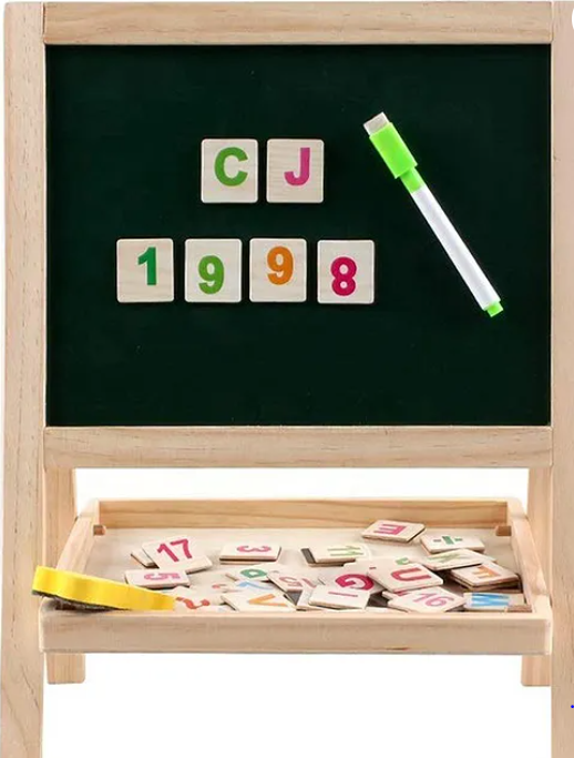Wooden Magnetic Double-sided Small Drawing Board With Balck And White Board Adjustable Standing Easel Marker Duster Chalkbox Alphabets Number Set Wooden Toy Magnetic Toy Educational Toy For Kids - Multicolor