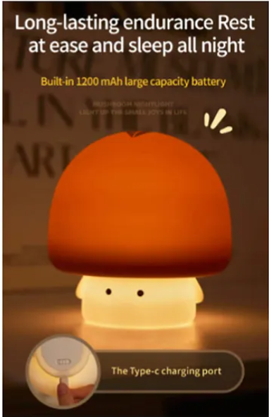 Cute Mushroom Night Light Squishy Silicone LED Animal Night Warm Light Three Dimming Mode With Large Capacity Battery Timed - Multicolor