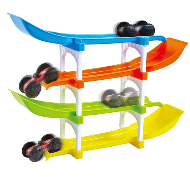 Ramp Racing Car Toy For Kids Four-Level Track Racing Car Toy With 4 Cars And 4 Ramps Multicolor