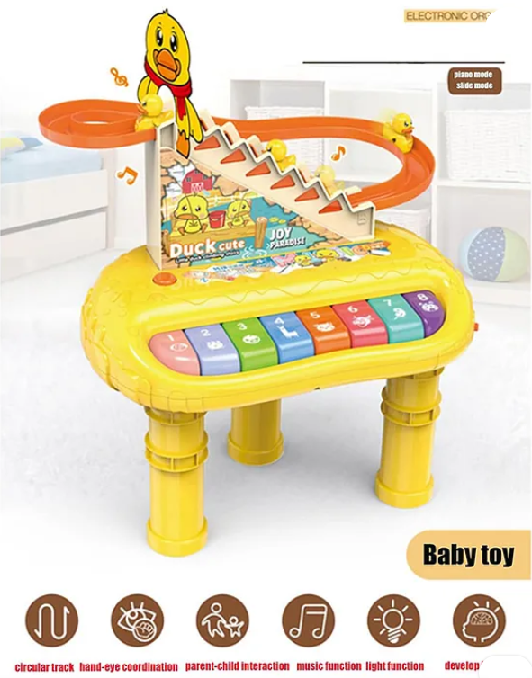 Musical Toys 2 In 1 Cute Duck Climbing Stairs With Piano Lights And Music Toys For Kids Musical Duck Track Slide and Climb Stairs Toys With 3 Ducks - Multicolor