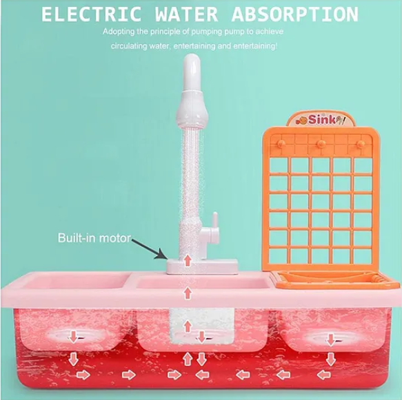 Kitchen Play Set With Automatic Water Cycle System Pretend Play Kitchen Play Sink Toys Set of 25 Pieces-Pink