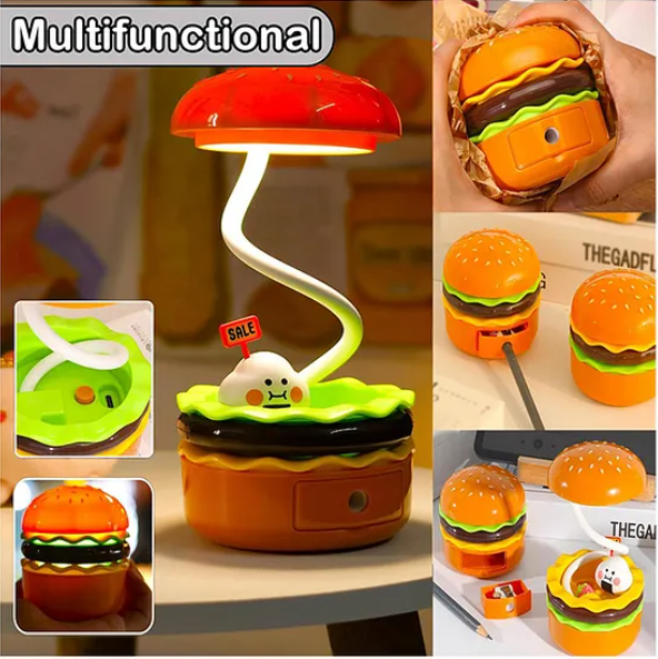 3 in 1 Burger Design Study Lamp USB Rechargeable LED Desk Lamp With Built-in-Battery 360 Degree Flexible Hose With Pencil Sharpener And Storage Table Night Lamp Burger Lamp With Sharpener - Multicolor