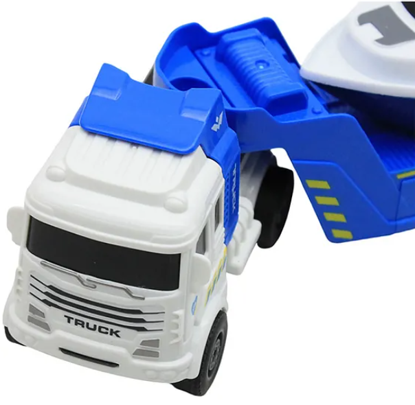 Die-cast Friction Powered City Police Transport Car Trailer Truck Toys For Kids With Helicopter, Rescue Boat And Police Transport Car - Multicolor