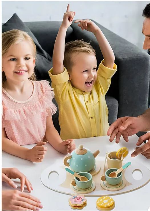 Wooden Toys For Kids Wooden Afternoon Play Tea Party Set Pretend Play Food Kids Toys 15 Pcs - Multicolor