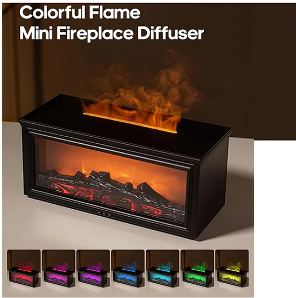 Aroma Diffuser for Home with Fireplace Flame Effect, 150ml Mist, 7 Color Lights, Timer & Remote Control Color May Vary
