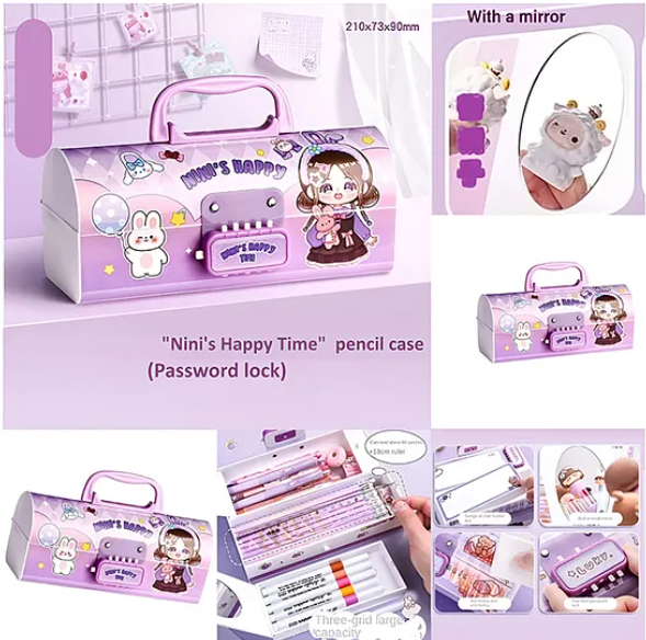 Ninis Happy Time Pencil Case For Kids With Password Lock Multi-layer Pencil Box For Kids - Multicolor
