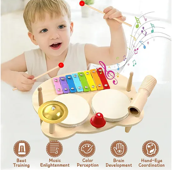 Wooden Drums Xylophone Cymbal And Bells Multi Instrument