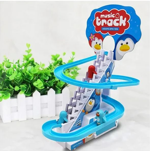 Happy Musical Penguin Track Slide And Climb Stairs Toys With 3 Penguins Multicolor