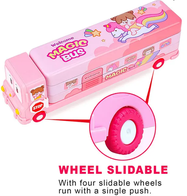 School Bus Shape Metal Pencil Box - Pink