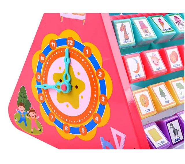 Multi Function Educational 5 Side Learning Shelf With Triangle Alphabet Blocks Abacus Clock for Kids - Multicolor