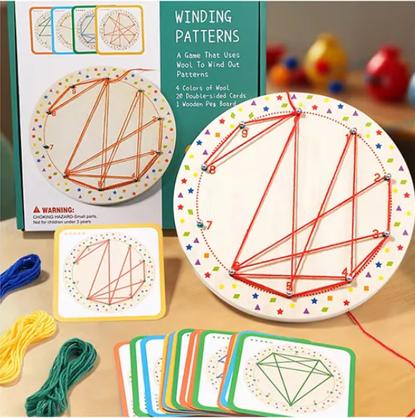 Montessori Creative Geometry Shape Matching Toys for Kids Preschool Learning Educational Winding Patterns Nail Board Wooden Toy - Multicolor