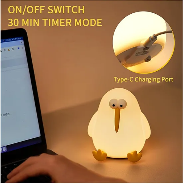 Cute Night Light For Kids Cute Kiwi Bird Silicon Night Light Super Cute Silicone Night Lamps Squishy LED Animal Night Light Silicone Dimmable Timed Bedside Lamp 3 Lighting Modes, USB Rechargeable Touch Light Night Lamp - Multicolor