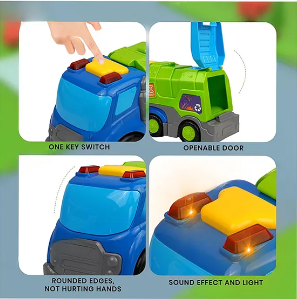 Friction Powered Garbage Truck Toys For Kids With Opening Doors, Light & Music Model Collection Fun Educational Learning Kids Toys Multicolor