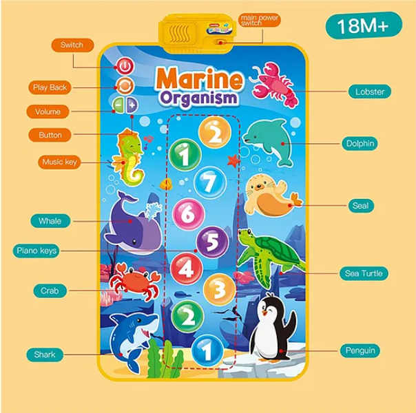 YAMAMA Baby Toddler Mat, Marine Organism Theme Baby Musical Play Mat Toys With 9 Piano Keys, 8 Marine Life Keys, Music, Touch And Learn Early Educational Animal Touch Mat For Kids - Multicolor