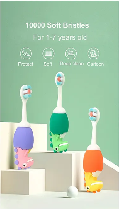 Cute Dino Design Soft Toothbrush For Babies And Kids Extra Microfiber Soft Bristles With Silicone Grip