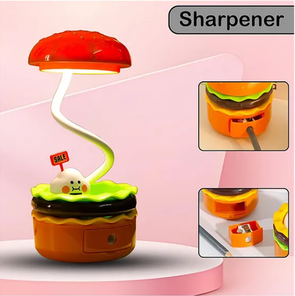 3 in 1 Burger Design Study Lamp USB Rechargeable LED Desk Lamp With Built-in-Battery 360 Degree Flexible Hose With Pencil Sharpener And Storage Table Night Lamp Burger Lamp With Sharpener - Multicolor