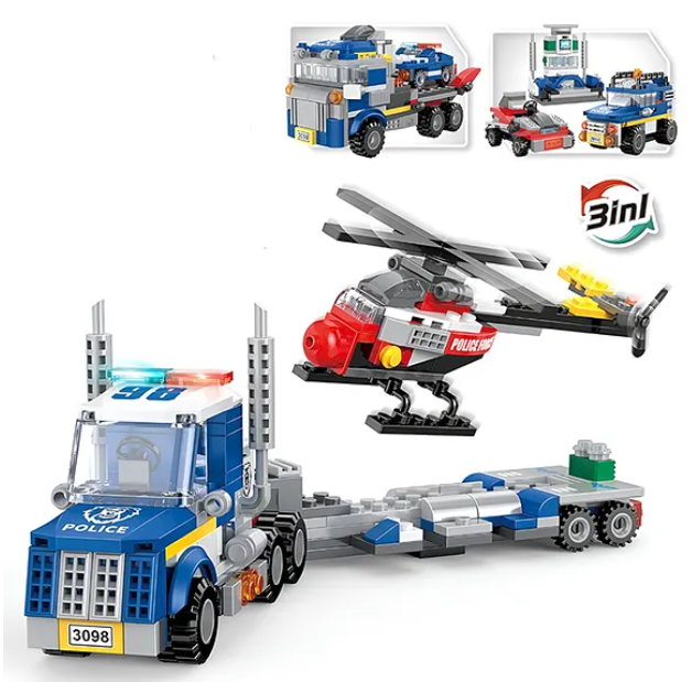 Building Blocks 3 in 1 City Police Bricks Block Set With Detailed Guidebook Learning And Educational Toy Police Car Transporter Building Toys Police Truck With Trailer And Rescue Helicopter Play Fun And Educational Toys 249 Pcs Multicolor