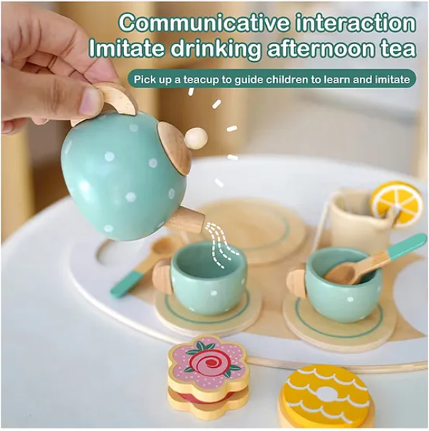 Wooden Toys For Kids Wooden Afternoon Play Tea Party Set Pretend Play Food Kids Toys 15 Pcs - Multicolor