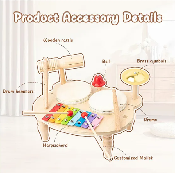 Wooden Drums Xylophone Cymbal And Bells Multi Instrument