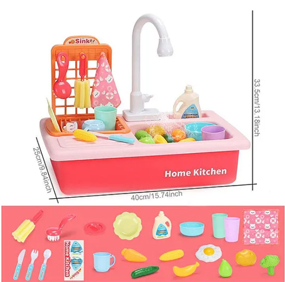 Kitchen Play Set With Automatic Water Cycle System Pretend Play Kitchen Play Sink Toys Set of 25 Pieces-Pink