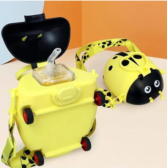 Bug Shaped Water Bottle for Kids 550 ML Leak-Proof Water Bottle with Moving Wheels, Straps And Sipper