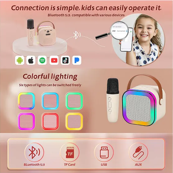 Karaoke Machine for Kids Adults Mini Portable Blue-Tooth Karaoke Speaker with Wireless Microphone and Dynamic Lights Birthday Gift Home KTV Outdoor Travel - Colors May Vary