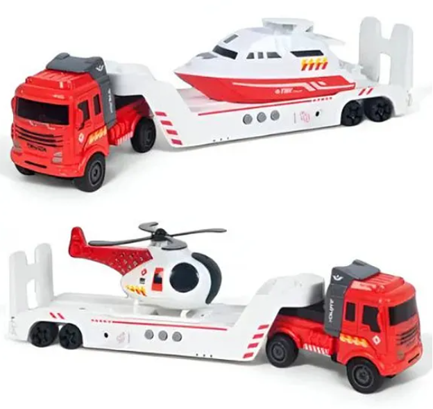 Die-cast Friction Powered City Rescue Fire Transport Car Trailer Truck Toys For Kids With Helicopter, Rescue Boat And Fire Transport Car - Multicolor