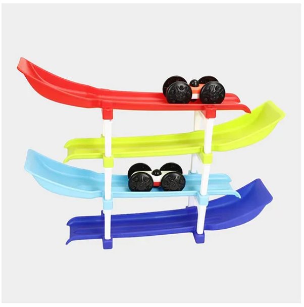 Ramp Racing Car Toy For Kids Four-Level Track Racing Car Toy With 4 Cars And 4 Ramps Multicolor