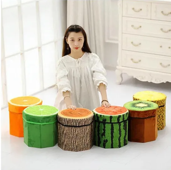 Fruit Folding Footstool Seat Storage Box Round Storage Chest Padded Box For Kids And Adults - Design May Vary - Multicolor