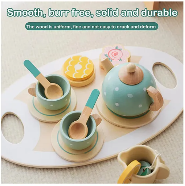 Wooden Toys For Kids Wooden Afternoon Play Tea Party Set Pretend Play Food Kids Toys 15 Pcs - Multicolor
