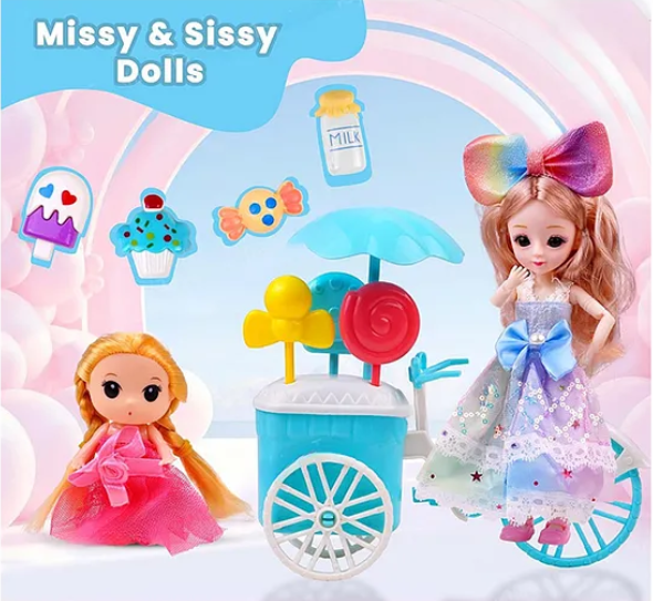 Missy & Sissy Pretend Character Playset Doll Toys For Kids With Ice Cream Buggy and 4 Desserts Gift Set Role Play Toy For Girls - Multicolor - Height 52 cm
