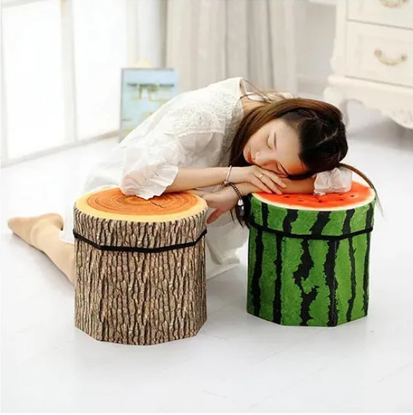 Fruit Folding Footstool Seat Storage Box Round Storage Chest Padded Box For Kids And Adults - Design May Vary - Multicolor