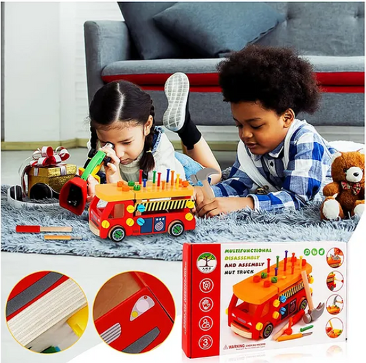 Wooden Multifunctional DIY Assembly Nut Truck Toys For Kids Montessori Workbench Tool Box For Kids Wooden Truck Toy With Tool Set - Multicolor