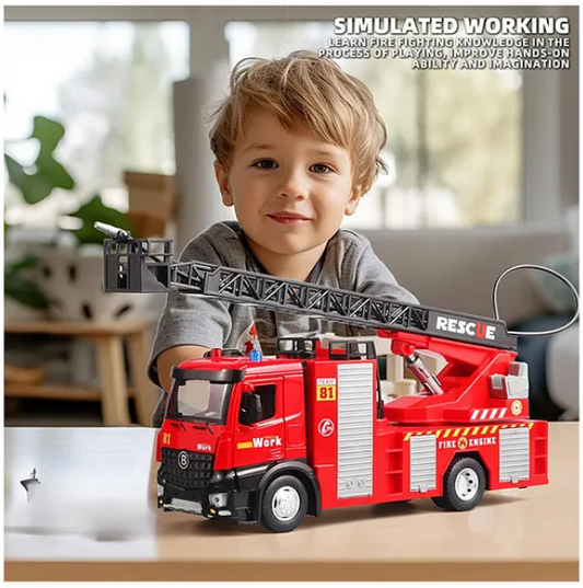 Fire Fighter Rescue Ladder Truck Toys For Kids With Openable Doors, Lights And Realistic Music Alloy Die-cast Friction Powered Toy Multicolor