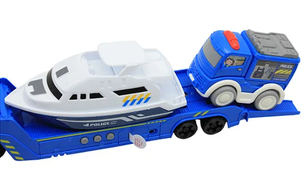 Die-cast Friction Powered City Police Transport Car Trailer Truck Toys For Kids With Helicopter, Rescue Boat And Police Transport Car - Multicolor