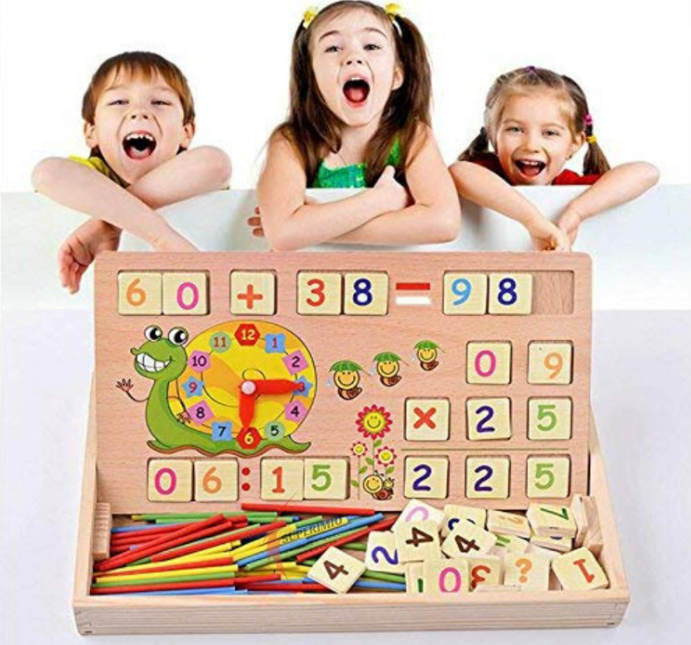 Wooden Multi Functional Learning Box - Beige & Multi Colour