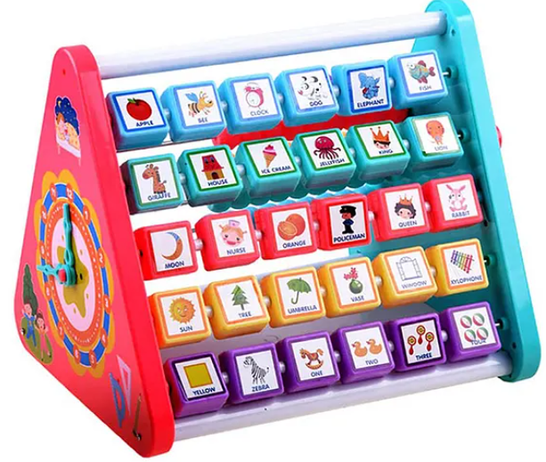 Multi Function Educational 5 Side Learning Shelf With Triangle Alphabet Blocks Abacus Clock for Kids - Multicolor