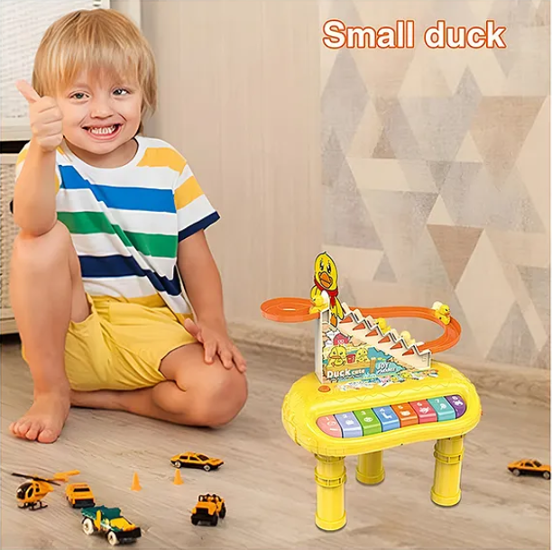 Musical Toys 2 In 1 Cute Duck Climbing Stairs With Piano Lights And Music Toys For Kids Musical Duck Track Slide and Climb Stairs Toys With 3 Ducks - Multicolor