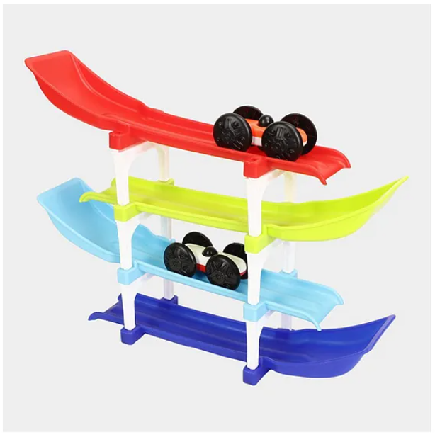 Ramp Racing Car Toy For Kids Four-Level Track Racing Car Toy With 4 Cars And 4 Ramps Multicolor