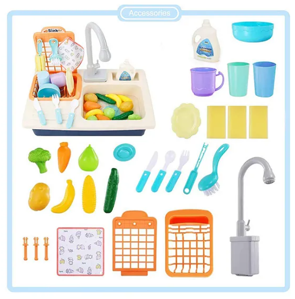 Kitchen Play Set With Automatic Water Cycle System Pretend Play Kitchen Play Sink Toys Set of 25 Pieces-Pink