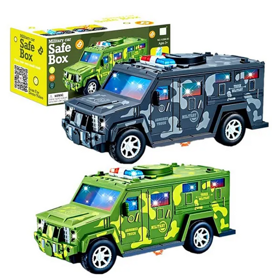Military Car Money Safe Box For Kids Coin Cash Savings Box Bump n Go Military Car With Lights Sound Music Toy Car For Children Color May Vary