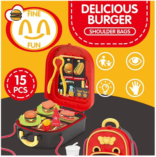 Delicious Burger Shoulder Bag Role And Pretend Play Toys For Kids With Fast Food Accessories Set Toys for Boys And Girls Fun Entertainment Role Plays Kids Toys Perfect Gift For Kids 15 Pieces - Height 7.8 Inches