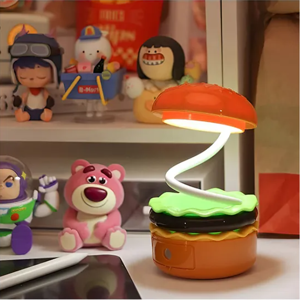 3 in 1 Burger Design Study Lamp USB Rechargeable LED Desk Lamp With Built-in-Battery 360 Degree Flexible Hose With Pencil Sharpener And Storage Table Night Lamp Burger Lamp With Sharpener - Multicolor