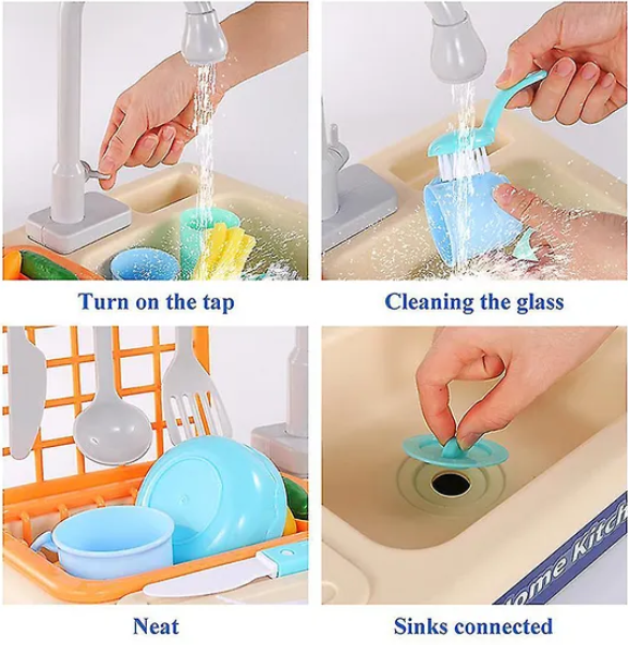 Kitchen Play Set With Automatic Water Cycle System Pretend Play Kitchen Play Sink Toys Set of 25 Pieces-Pink