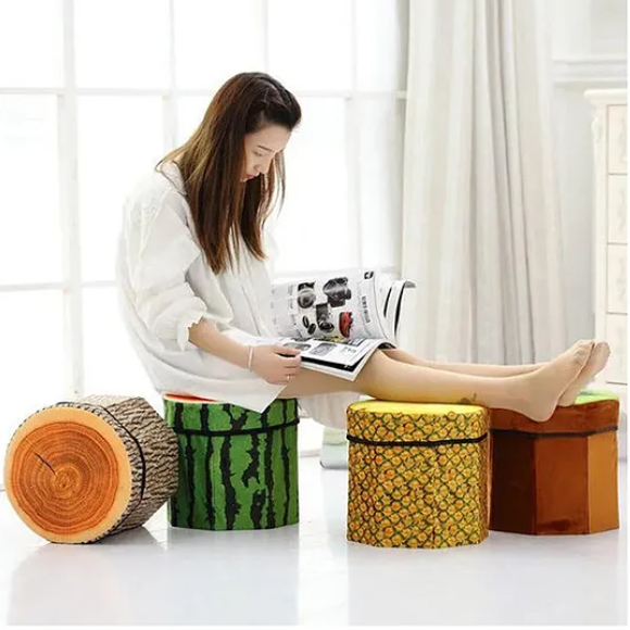 Fruit Folding Footstool Seat Storage Box Round Storage Chest Padded Box For Kids And Adults - Design May Vary - Multicolor