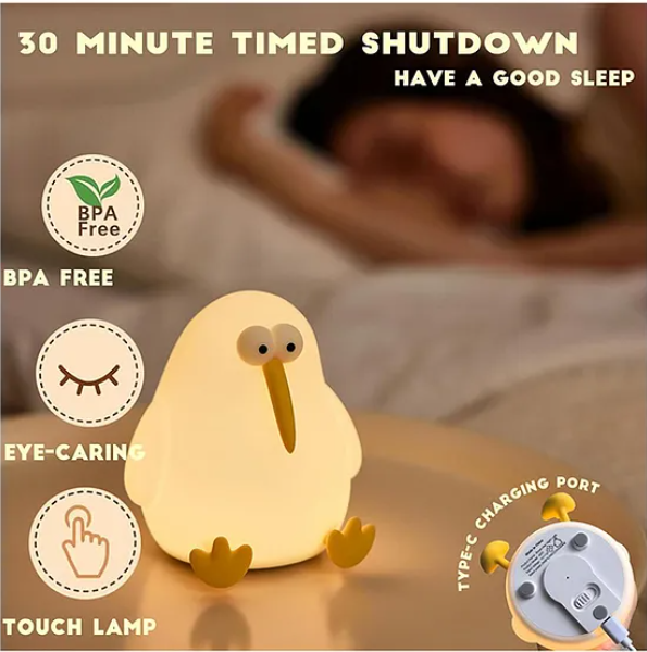 Cute Night Light For Kids Cute Kiwi Bird Silicon Night Light Super Cute Silicone Night Lamps Squishy LED Animal Night Light Silicone Dimmable Timed Bedside Lamp 3 Lighting Modes, USB Rechargeable Touch Light Night Lamp - Multicolor