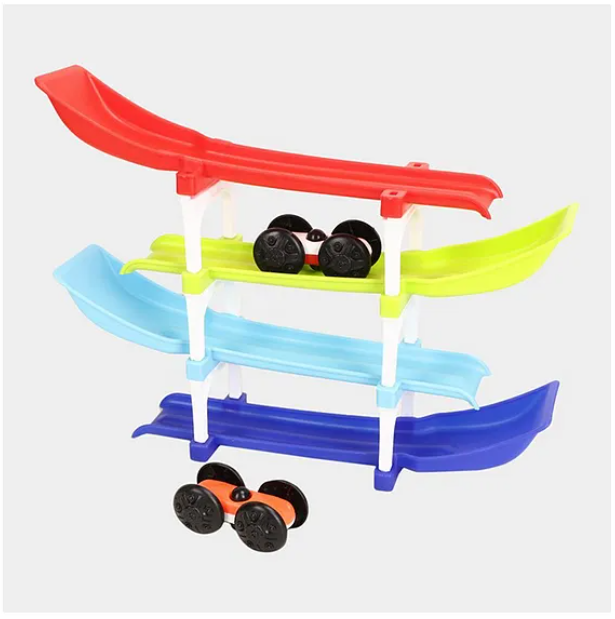Ramp Racing Car Toy For Kids Four-Level Track Racing Car Toy With 4 Cars And 4 Ramps Multicolor