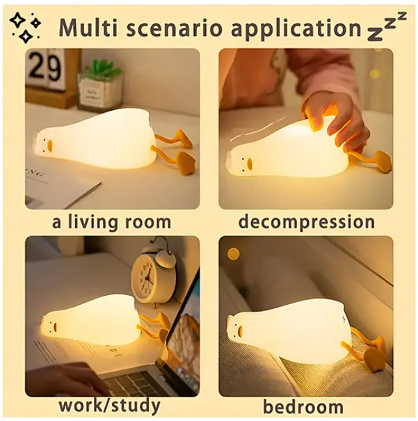 Cute Duck Silicone Night Light Squishy LED Animal Night Light Silicone Dimmable Timed Bedside Lamp Kawaii Light Up USB Rechargeable Lying Flat Duck Touch Light Night Lamp - Multicolor